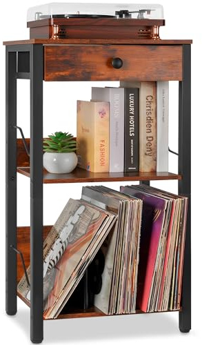 OUUTMEE 3 Niveaux Support pour Tourne-disques Vinyles, Table pour Tourne-disques avec Tiroir | Étagère Jusqu'à 100 Albums, Meuble de Platine Vinyle, Table d'Appoint pour Salon, Chambre et Bureau