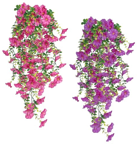 YYTECH 2 stycken hängande konstgjorda blommor Petunien sidenblommor, konstgjorda hängande växter Eukalyptus som riktiga, konstgjorda växter väderbeständiga konstgjorda blommor Balkong hängande växter