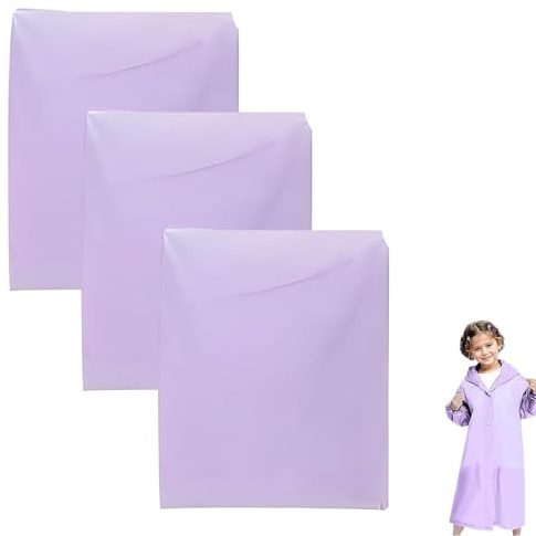 3PCS Rain Poncho Kids, Portable Raincoat Waterproof Reusable Poncho for Children, Suitable for Outdoor Hiking, Camping, Theme Park Visits, Purple Raincoat for Kids 1.1-1.5 Meters Heigh