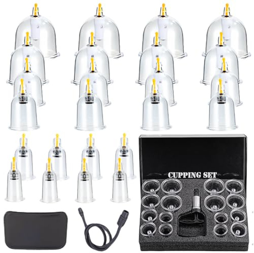 Lot de 22 ventouses en verre avec pompe à vide : WIYETY Set de ventouses avec boîte de rangement, ventouses avec poignée de pompe et tube d'extension, set de ventouses thérapeutiques pour tout le