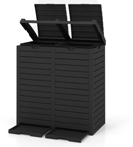 LIFEZEAL Cubo Basura Exterior 235 L, Contenedor Doble de Reciclaje con Tapa Escalonada, Bandeja de Goteo, Impermeable con Asas, Cubo Basura Clasificado para Jardín Cocina (Gris)