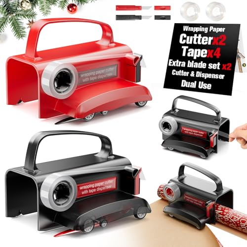 2-Pack Wrapping Paper Cutter with Wheels & Tape Dispenser - Gift Wrap Tool Kit with Replaceable Blades for Christmas, Birthday - Safe, Efficient, and Precise Cutting