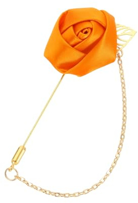 QUARKZMAN Alfiler De Solapa De Rosa Para Hombres Flor Con Cadena Naranja | De Hoja Dorada Broche, Accesorio De Corsage De Flor De Satén Hecho A Mano Para Esmoquin Traje Corsage Boda Fiesta