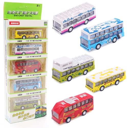 MIFKLMV Double Decker Bus Toy, School Buses Toys, 5pcs Pull-Back Bus Model, City Car Toy for Kids Alloy Diecast Toy Vehicles Buses Toys Birthday Gift for Kids Grils and Boys-A
