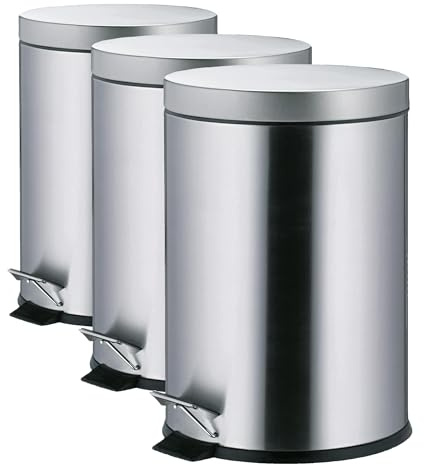 kela Cubo para cosméticos 3 l, cubo de basura con pedal MONACO, cubo de basura de acero inoxidable para baño con cubo interior y asa de transporte, mate (Paquete de 3)