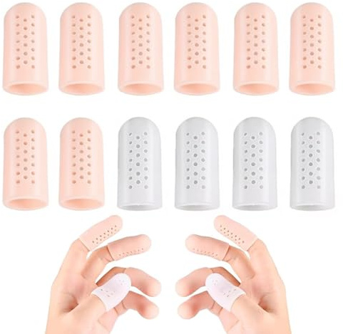 MYZWEL 12 Pcs Protector Dedos Mano, Dedales de Silicona Transpirable con Agujeros, 6 Pares de Dediles para Dedos Mano, Fundas Protectoras para Grietas, Piel Seca y Uñas, 4 Color Piel y 2 Blanco