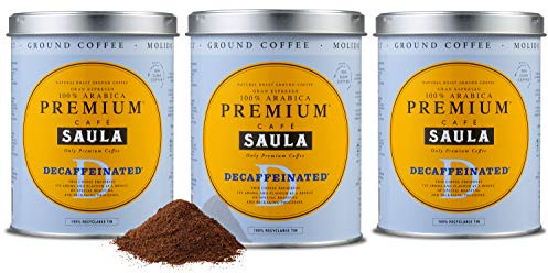 Caffè Saula, confezione da 3 lattine da 250 gr. Gran Espresso Premium decaffeinato macinato.