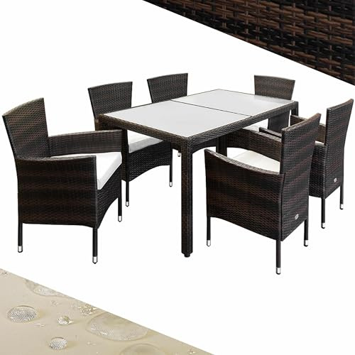 CASARIA® 6+1 Monaco Polyrattan Outdoor Dining Furniture Set | Rectangular Glass Top Table | 6 Poly Rattan Stackable Armchairs | with Cream Cushions | Garden Patio Balcony Seating Group | Brown