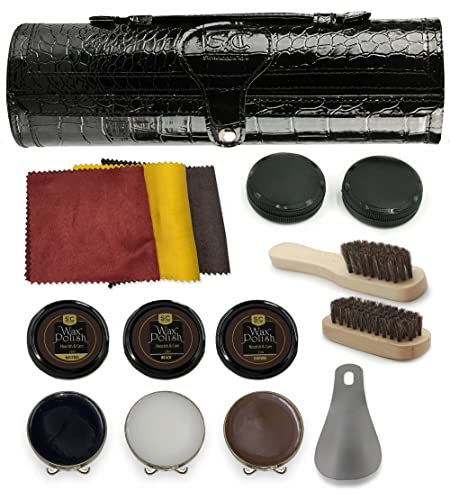 Stone & Clark 12PC Shoe Polish & Care Kit, Leather Shoe Shine Kit with Brown Wax, Shoe Brushes for Polishing (Case: Black Textured)
