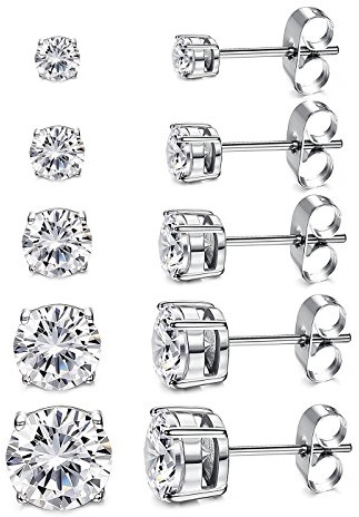 Women's 14K White Plated CZ Stud Earrings Simulated Diamond Round Cubic Zirconia Ear Stud Set（5 Pairs)