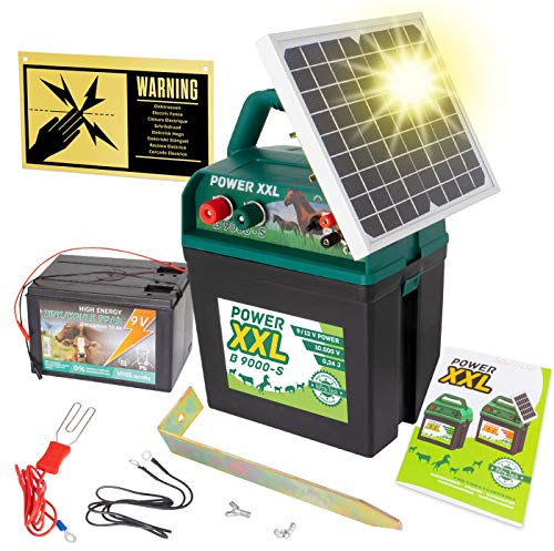 Power XXL Elettrificatore ad energia Solare B 9.000-S, incl.Batteria da 9 V, elettrificatore da 9 V/12 V, con Pannello Solare Molto efficiente, per recinzioni per Cavalli e Pony