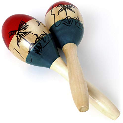 iGadgitz Xtra U7130 Paar Ulme Holz Maracas für Erwachsene, Rumbarassel, Rumbakugeln - Holz, Grün, Rot und schwarzes Motiv