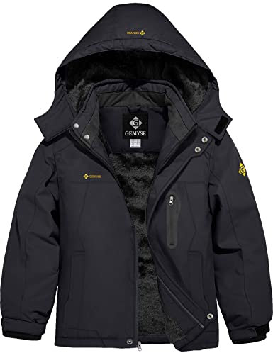GEMYSE Jungen Wasserdichte Skijacke Winddichte Fleece Outdoor Winterjacke Regenjacke mit Kapuze (Schwarz,152-158)