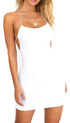 JFAN Robe De Dames Ete Bretelle Dos Nu VêTements Mini Jupe Clubwear Stretch Dress Blanc M