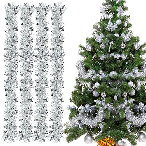 Guirlande de Noel Sapin, 4pcs Guirlandes Tinsel Noël, Guirlande Sapin 2m, Guirlande Tinsel Métallique Scintillantes pour Mariage Anniversaire Fête Murs Fenêtres Sapin Decoration Noël - Argent