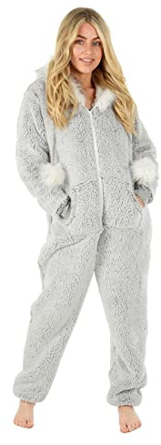 Autumn Faith Ladies All in One Pyjamas Faux Fur Hood Fleece Sleep Suit PJs Grey Sherpa - XL
