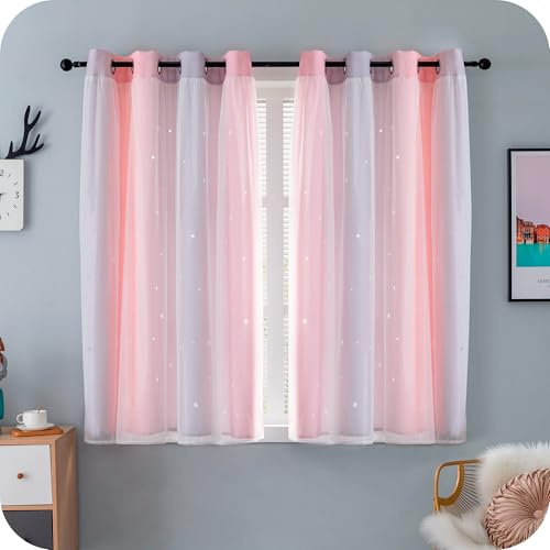 GIRASOLE HOME® Coppia Tende Doppio Velo Oscuranti Morbide Fantasia Stelle Vuote Tenda Isolante per Camera e Cameretta Bambini 2 Pannelli con Occhielli (140x145cm, Rosa e Violetto)