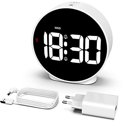 CHEREEKI Wecker Digital mit Netzbetrieben und Batteriebetrieben, 4 beänderbare Helligkeit, 3 Alarmschemata, 2 Alarme und Schlummerfunktion für Zuhause, Büro, Reisen (Inklusive Adapter und Akku)