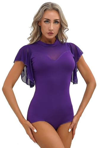 TTAO Dansdräkt för kvinnor, balett, body, kortärmad/långärmad gymnastikvägg nät, danströja, balettrikå, danskläder, Violett A, M