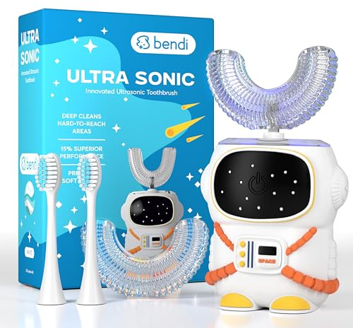 Sensory 360 Round U-Shaped Astronaut Design Mouthguard Electric Toothbrush for Kids Ages 2-7 - Automatic Memory Function - 5 Modes Toothbrush with Multiple Heads – Kids Travel Essentials (White)