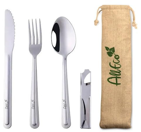 AllEco® Edelstahl Campingbesteck Bundeswehr Style mit Flaschenöffner für unterwegs + GRATIS Beutel Outdoor Besteck Camping Besteck Set to Go Besteckset nachhaltige Produkte Zero Waste Geschenkidee