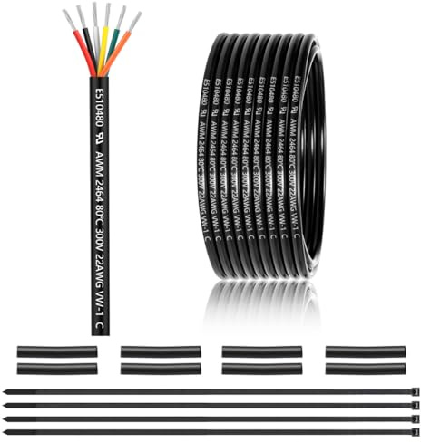 22 Gauge 6 Conductor Electrical Wire 25FT, UL 2464 22 AWG 6 Wire Cable Tinned Copper PVC Stranded 22/6 Core Wire for LED Lighting, Outdoor Low Voltage Extension Cable, Automotive etc.