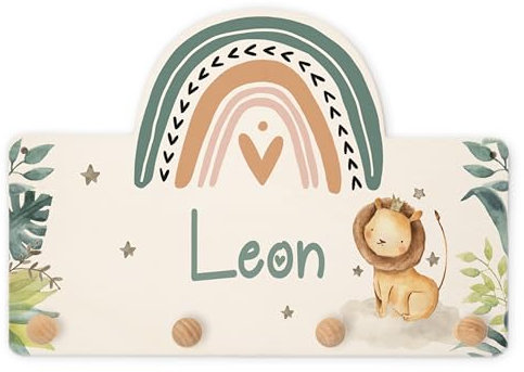 Kidsmood Personalisierte Garderobe mit Wunschnamen, Kleiderhaken aus Holz mit niedlichem Motiv für Babyzimmer, individuelle Garderobenleiste für Kinderzimmer