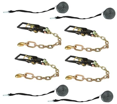 Paquete de 4 amarres para coche con anclajes de cadena, estilo lazo, 2 x 96 pulgadas, 3.3 libras, carga de trabajo segura, color plateado