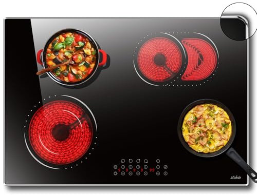 Glaskeramikkochfeld 4 Platten Kochfeld Autark 77 cm Glaskeramikkochfeld, Sensor-touch Control, 6600W, Doppelzone, Ovale Zone, 9 Leistungsstufe, Kindersicherung, Timer, Verkabelt, Kein Stecker