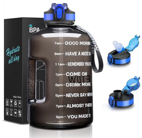 ETDW Bouteille d'eau de 3,8 l avec paille et couvercle à bec, bouteille d'eau motivante de 3,8 l avec marqueur de temps, bouteille étanche avec poignée pour fitness, gym, yoga et extérieur (2