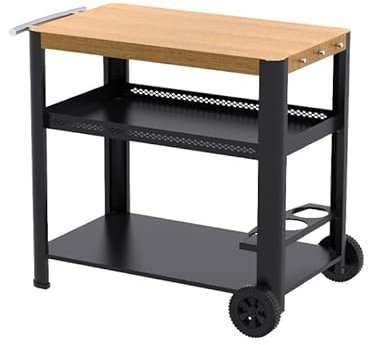 BRASERO - Desserte pour plancha Design Bois - Chariot Jardin extérieur - 2 Niveaux de Rangement, Crochets - Plateau Imitation Bois, 85x50 cm - Facile à déplacer, poignée - 2 Roues - Noir