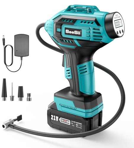 Seesii Bomba de Aire a batería, compresor de batería inalámbrico, compresor de Aire máximo 150 PSI, compresor Manual, Bomba de Aire eléctrica portátil, para Coche, Motocicleta, Bicicleta, Pelotas