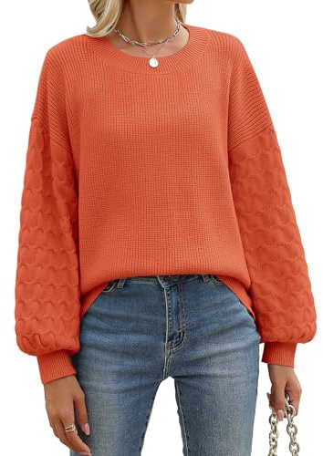 heekpek Jersey Punto Mujer Cuello Redondo Suave Sueter Mujer Manga Larga de Linterna Cálido Suelto Jersey Mujer Otoño Invierno Elegante