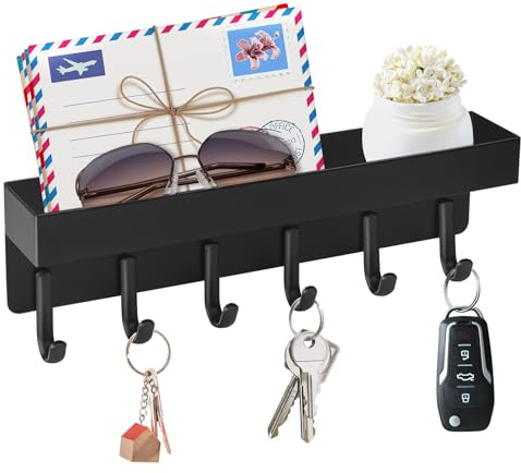 VIS'V Magnetic Key Holder Wall Mount, Compact Metal Key Rack with Tray, 6 Hooks, 2 Mount Options, Black