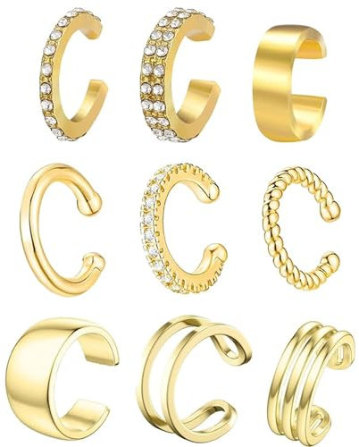 9 Stück Ohrmanschette Ear Cuff Set für Damen - Nicht Durchstochen Ear Cuff Clip Ohrringe Non Piercing Gold Knorpelohrringe Fake Ohrringe
