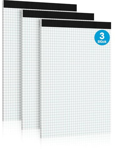 Roneky Notizblock A4 Kariert Notizblöcke, 3 Stück Schreibblock, 4x4 Notizblock Kariert A4, 30 Blatt Millimeterpapier Block Karierter Block A4 Karierter liniertes Papier für Haus, Büro, Schule