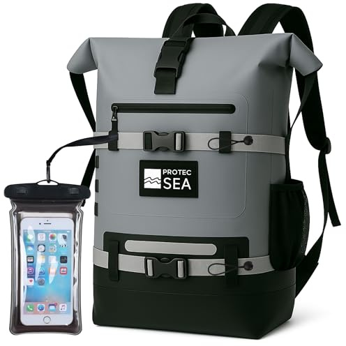 Protec Sea Sac de randonnée Fusion du Sac à Dos et du Sac étanche | Zip Zinc Anti-Corrosion imperméable | Volume réglable 20L à 40L | Portage Confortable | Fixations Molle | Poches intérieures – Gris