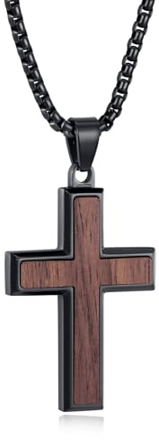 REVEMCN Kreuz Kette Herren aus Schwarzem Walnussholz & Edelstah, Holzkreuz Anhänger mit Verstellbarer Halskette 46–61cm, Christlicher Schmuck Geschenk für Sohn (Walnussholz - A, 51cm+5cm (20+2))