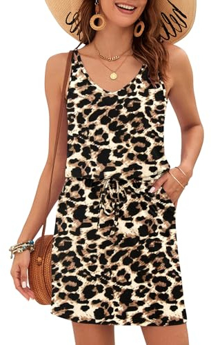AUSELILY Women's Summer Dress Casual Sleeveless Sundress Beach Swing Drawstring Waist Dress with Pockets Spotted Leopard XL