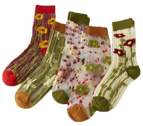 Alxad 5 Paia Calzini Trasparenti Donna Fantasia Floreale Vintage Calze in Nylon a Rete Sottile Estivi Calzini alla Caviglia
