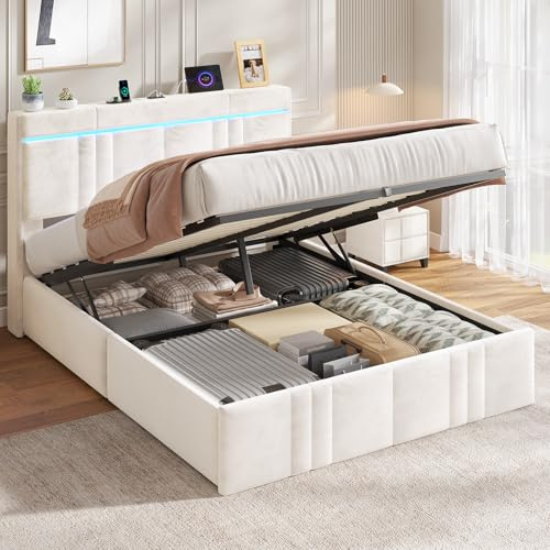 AOGLLATI Lit Coffre avec sommier lit 2 Personnes avec Éclairage LED & Ports USB,Tête de Lit Capitonné avec Multiprise Lit Double avec Rangement Hydraulique,Sommier à Lattes，Velours (Beige, 140x190cm)