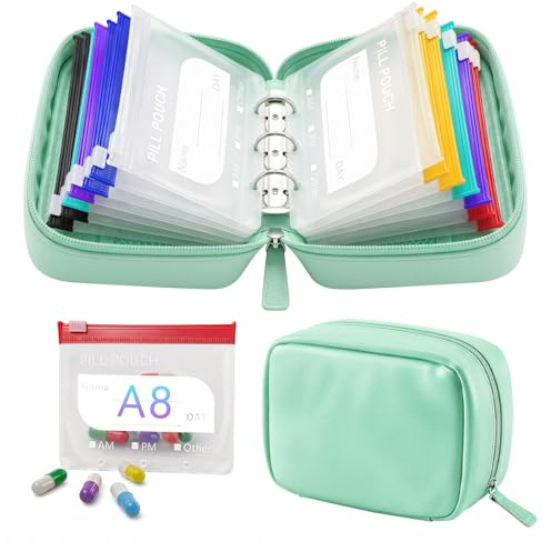 A8 Waterproof Pill Organizer Set, Medicine Binder with 14 Color-Coded | Zippered Pill Pouches, Reusable Large Weekly Pill Pouch with Labels for Vitamins, Fish Oil & Supplements, Portable Daily Case