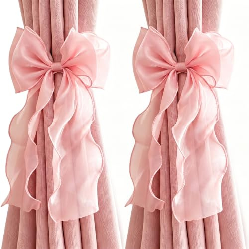 2 Pcs Pink Bow Curtain Tiebacks,Pink Curtain Tie Backs for Home Bedroom | Pink Bow Curtain Holder for Pink Bedroom Accessories Wedding Party Decor