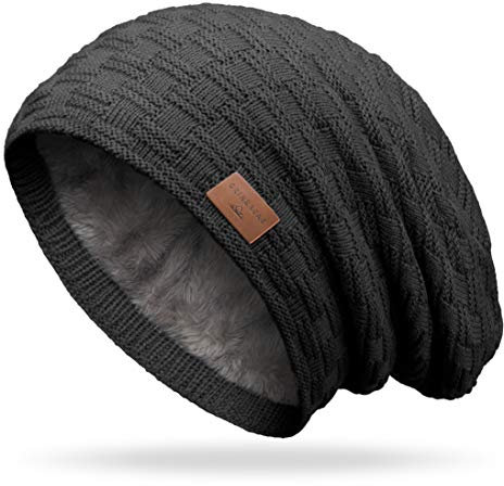 Grin&Bear Long Slouch Beanie Grobstrick Teddyfleece M10 (DE/NL/SE/PL, Alphanumerisch, Einheitsgröße, Schwarz Leder)