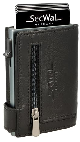 SecWal Kartenetui mit Münzfach Reißverschluss - Made in Germany - Echtleder Geldbörse inkl. E-Book für Damen und Herren - RFID Schutz Portemonnaie Leder - Geldbeutel klein (Schwarz)