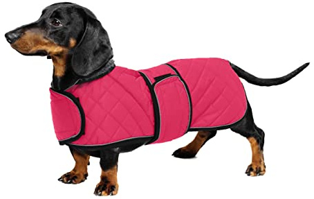 Geyecete - Warm Waterproof Dachshund Dog Coat with Warm Fleece Lining and Adjustable Strips, Winter Jacket for Small and Medium Dogs-Pink-S