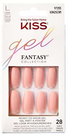 KISS Gel Fantasy Collection Glue-On Manicure Kit, Windy City, Medium Length Coffin Fake Nails Includes 28 False Nails, Nail Glue, Nail File, and Manicure Stick