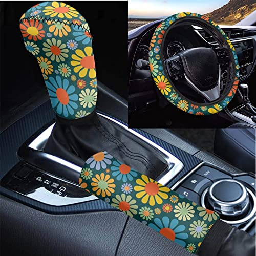 Belidome Abstrakte Hippie Blumen Auto-Lenkradbezug Schalthebel Handbremspolster Bunte Sonnenblume Elastisch