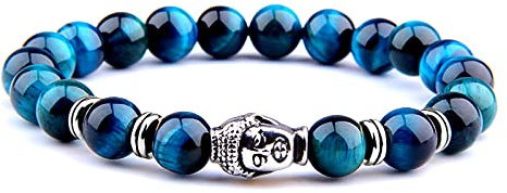 8 mm kungligt blå tigeröga armband män silverfärg Buddha huvud berlock armband kvinnor amulett Vinatge gul sten pärlor pulsera, kungsblå tiger-2,23 cm