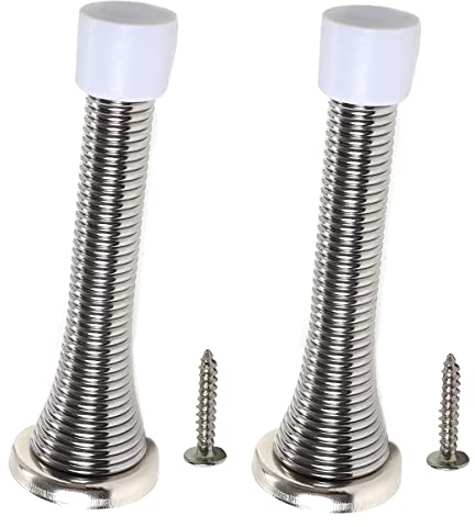 2X Wall Mounted Chrome Spring Door Stops Sprung Stopper Skirting Board Buffer Indoor Outdoor Doorstops with Screws for Skirting’s Walls.